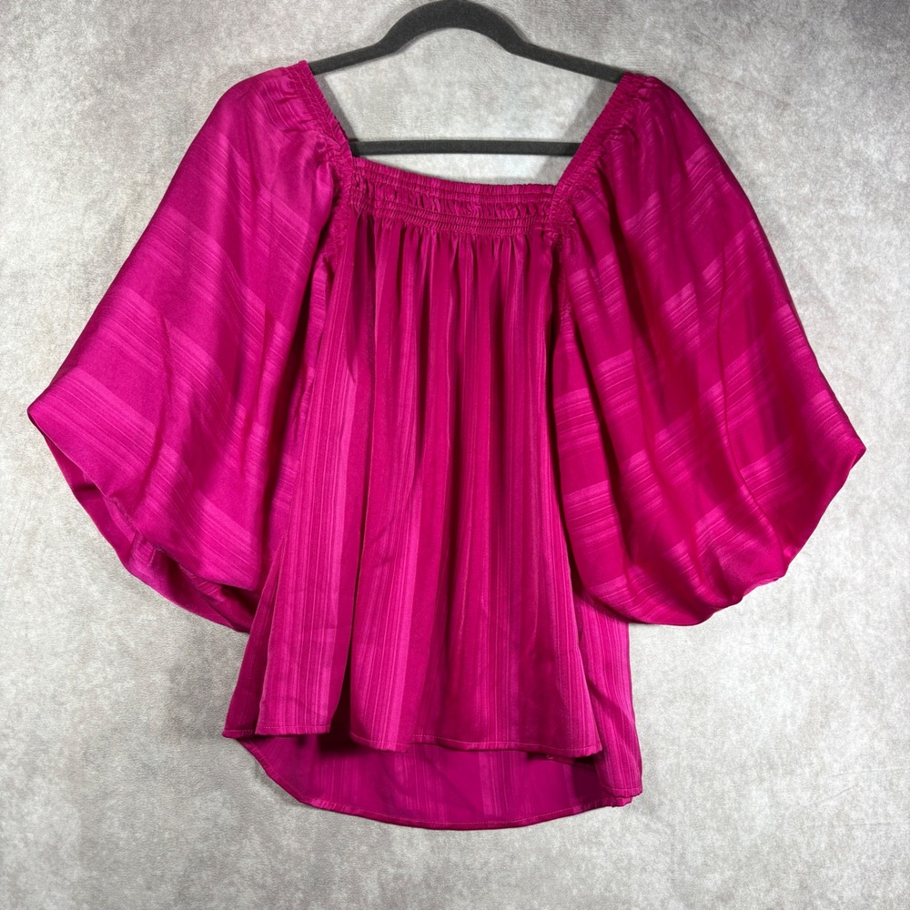 Entro Blouse Womens Small Pink Satin Stripe Boho Puff Sleeve Smocked Neck NEW